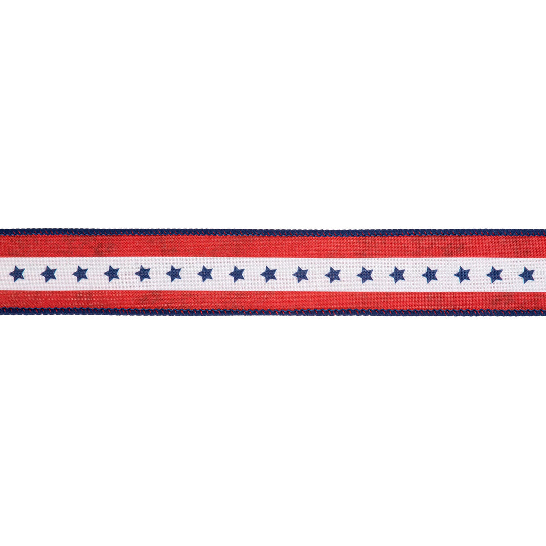 1 1/2" Wired Ribbon | Natural Patriotic Blue Star | 10 Yard Spool