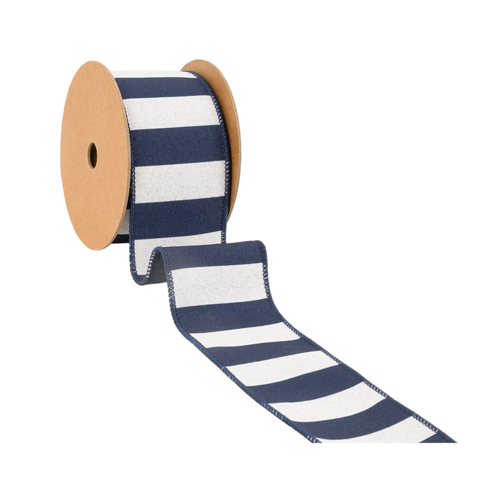 2 1/2" Wired Ribbon | Cabana Horizontal Stripe Navy | 10 Yard Spool