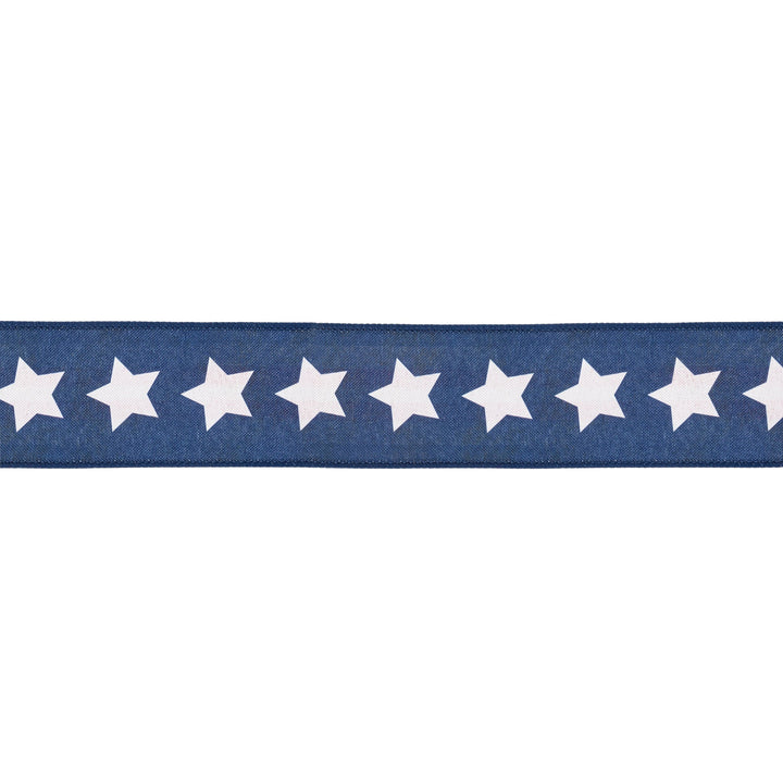 2 1/2" Wired Ribbon | Natural Patriotic Blue Star | 10 Yard Spool