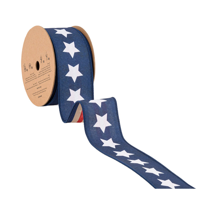 2 1/2" Wired Ribbon | Natural Patriotic Blue Star | 10 Yard Spool