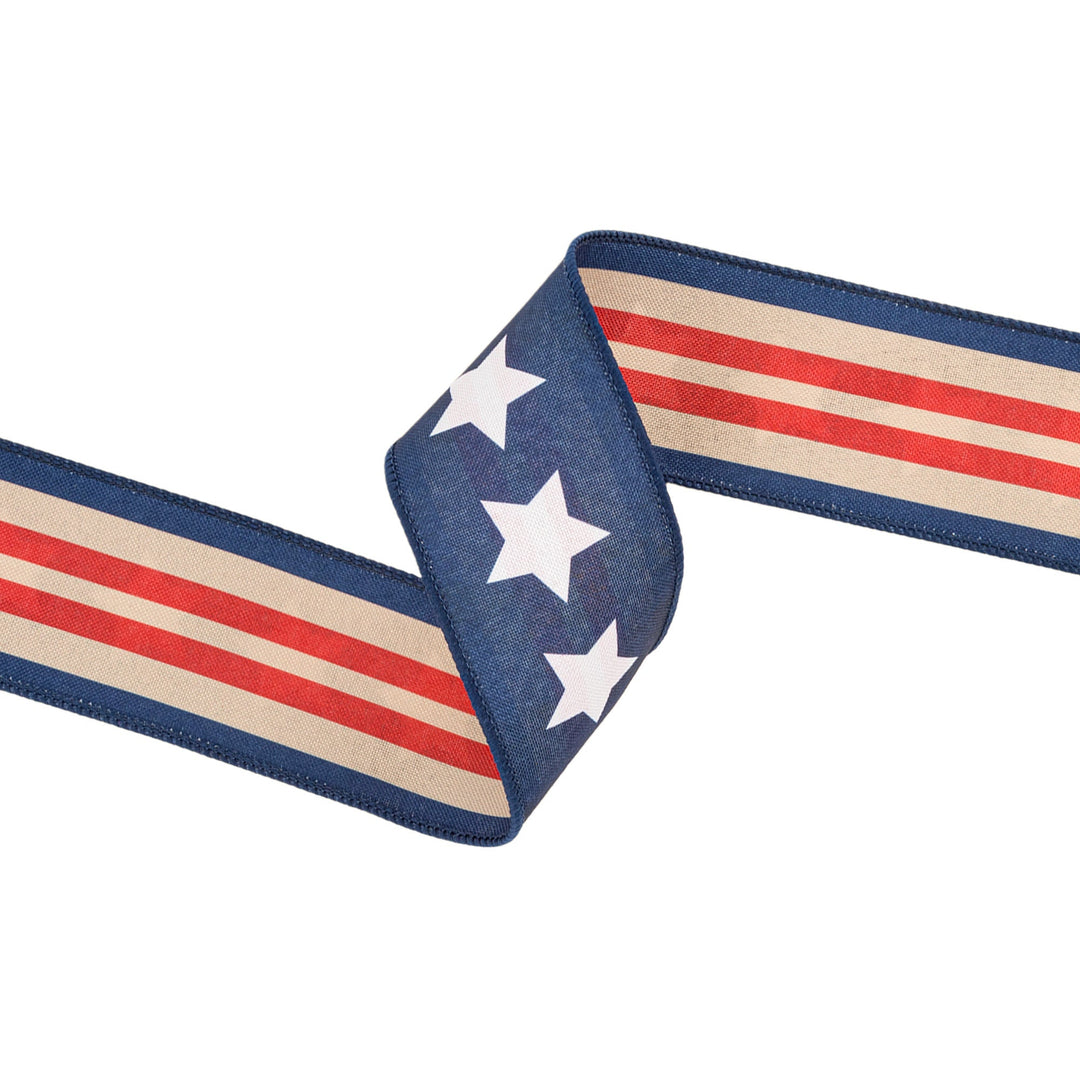 2 1/2" Wired Ribbon | Natural Patriotic Blue Star | 10 Yard Spool