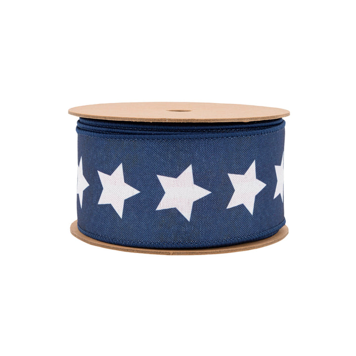 2 1/2" Wired Ribbon | Natural Patriotic Blue Star | 10 Yard Spool