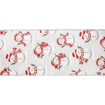 Wired ribbon with snowmen on a white and woven silver design, great for adding a cheerful touch to holiday decor and crafts.