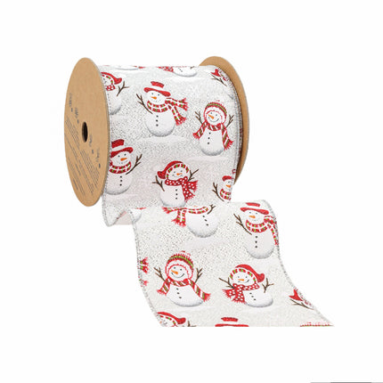A wired ribbon with snowmen designs on a white and woven silver pattern, perfect for holiday crafting and decorations.