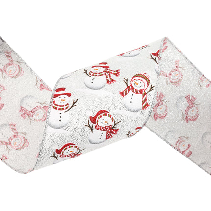 Cheerful wired ribbon featuring snowmen on a white and woven silver pattern, perfect for enhancing winter and holiday decor.