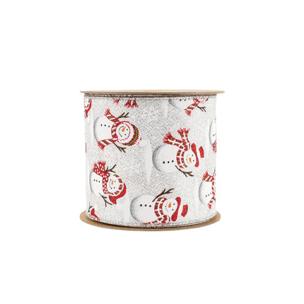 A roll of wired ribbon with snowmen printed on a white and woven silver base is suitable for creating winter accents and crafts.