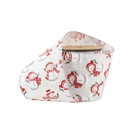 A spool of wired ribbon featuring snowmen on a white and woven silver background, ideal for winter crafts and decor.