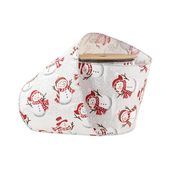 4" Wired Ribbon | All Over Snowmen White/Woven Silver | 10 Yard Roll LaRibbons and Crafts