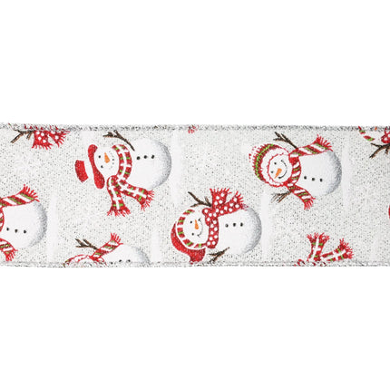 Close-Up Snowman Ribbon, Red-Scarf Snowmen on Silver Glitter, Neat Silver Edging.