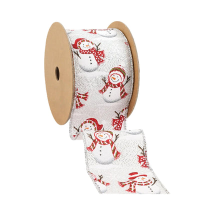 Close-Up Snowman Ribbon, Red-Scarf Snowmen on Silver Glitter, Neat Silver Edging.