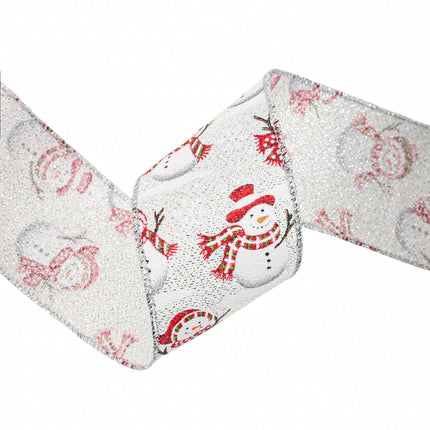 Wired Ribbon Double Sides, Front Colorful Snowman, Back Light Pink Snowman, Silver Edges.