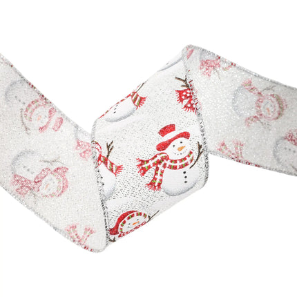 Curved Snowman Ribbon, Red-Accented Snowmen on Silver Glitter, Vibrant Print & Craft.