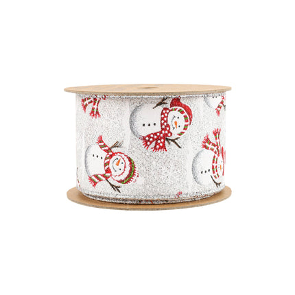 Roll of Wired Ribbon, White with Red Snowman, Silver Trim, Ideal for Christmas Styling.