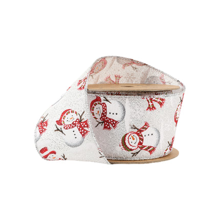 2 1/2" Wired Christmas Ribbon, White Base with Red Snowman Pattern, Silver Edges, Festive Look.