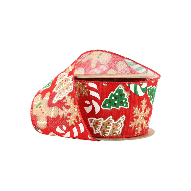 2 1/2" Wired Ribbon | Gingerbread Cookies and Candies on Red | 10 Yard Roll LaRibbons and Crafts