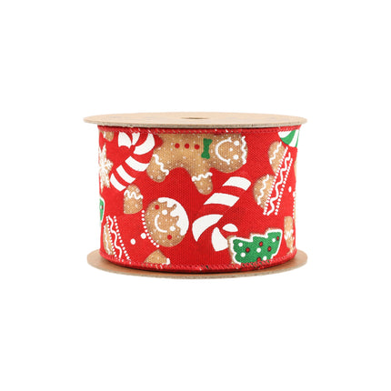 2 1/2" Wired Ribbon | Gingerbread Cookies and Candies on Red | 10 Yard Roll LaRibbons and Crafts