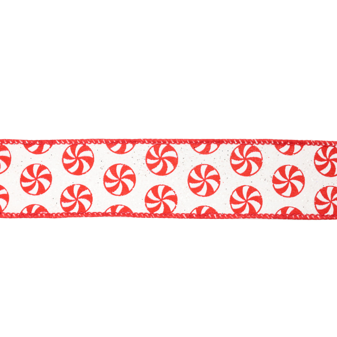 1 1/2" Wired Ribbon | All Over Peppermint on White Glitter | 10 Yard Roll