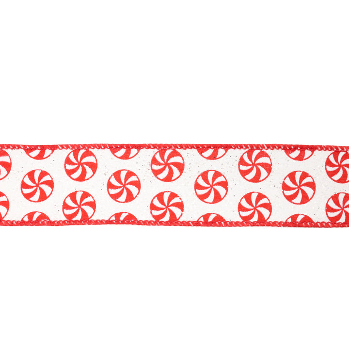 1 1/2" Wired Ribbon | All Over Peppermint on White Glitter | 10 Yard Roll