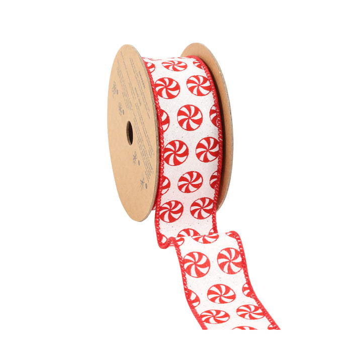 1 1/2" Wired Ribbon | All Over Peppermint on White Glitter | 10 Yard Roll