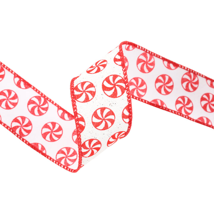 1 1/2" Wired Ribbon | All Over Peppermint on White Glitter | 10 Yard Roll