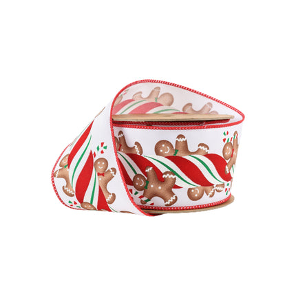 Christmas ribbon with gingerbread man and peppermint stick designs, ideal for holiday decor and festive crafting.