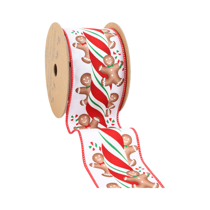 2 1/2" Wired Ribbon | Gingerbread on Peppermint Stick | 10 Yard Roll