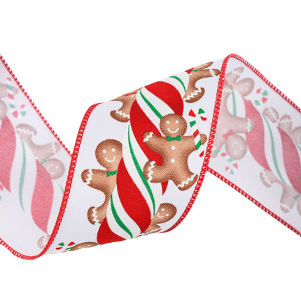 Christmas-themed ribbon with gingerbread men and peppermint stick, ideal for seasonal decor, gift styling, and creative projects.