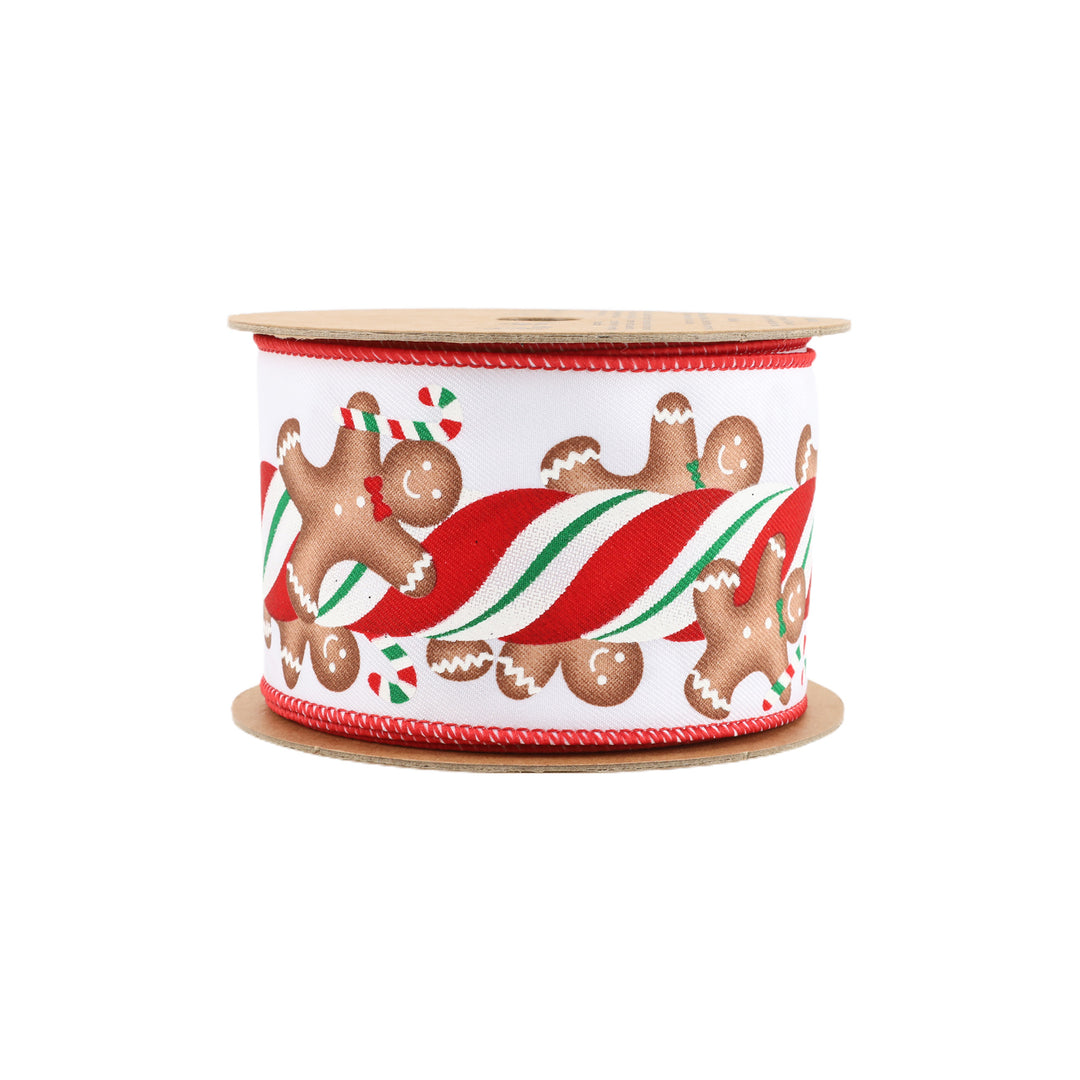 2 1/2" Wired Ribbon | Gingerbread on Peppermint Stick | 10 Yard Roll