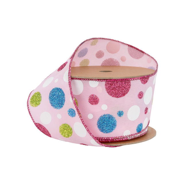 2 1/2" Wired Ribbon | Multi Colored Gilttered Dots on Pink | 10 Yard Roll LaRibbons Wholesale