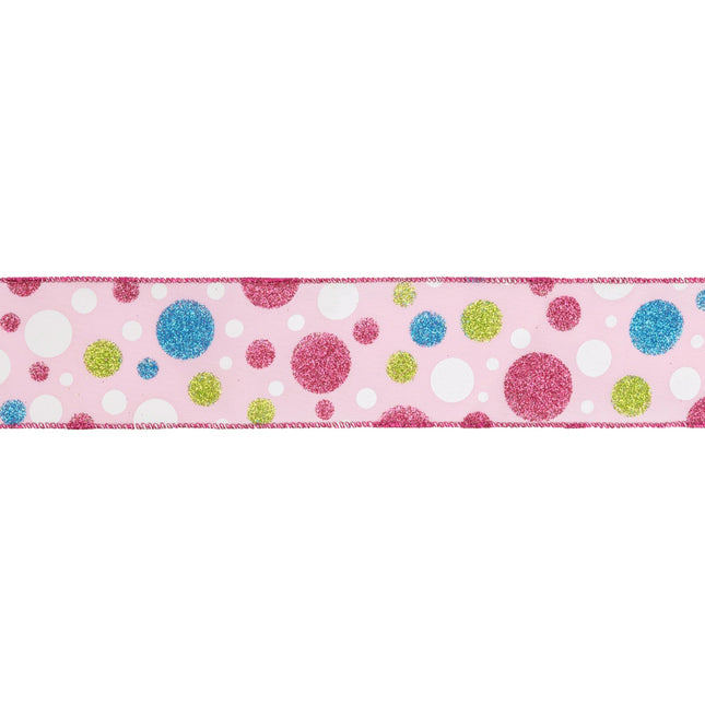 2 1/2" Wired Ribbon | Multi Colored Gilttered Dots on Pink | 10 Yard Roll LaRibbons Wholesale