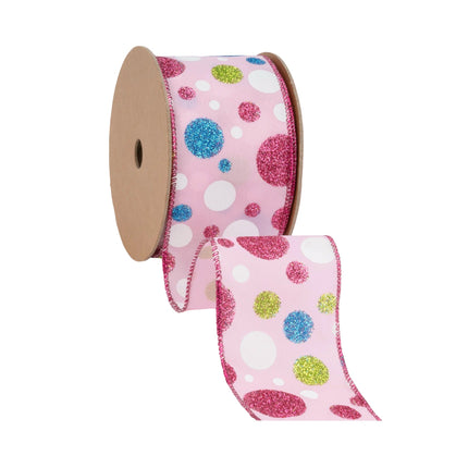 2 1/2" Wired Ribbon | Multi Colored Gilttered Dots on Pink | 10 Yard Roll LaRibbons Wholesale