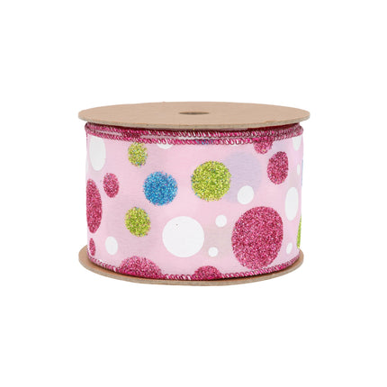 2 1/2" Wired Ribbon | Multi Colored Gilttered Dots on Pink | 10 Yard Roll LaRibbons Wholesale