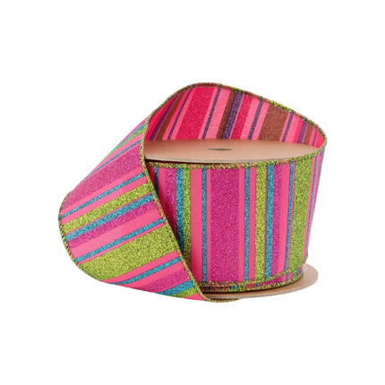 2 1/2" Wired Ribbon with vibrant pink, lime green, and turquoise glitter stripes, perfect for bold party decor