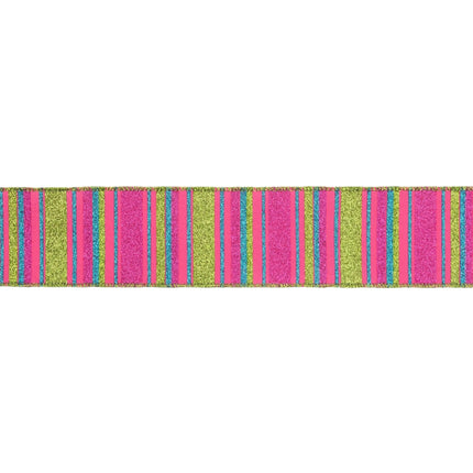 Playful 2 1/2" wired ribbon with glittery neon stripes, ideal for crafting eye-catching bows 