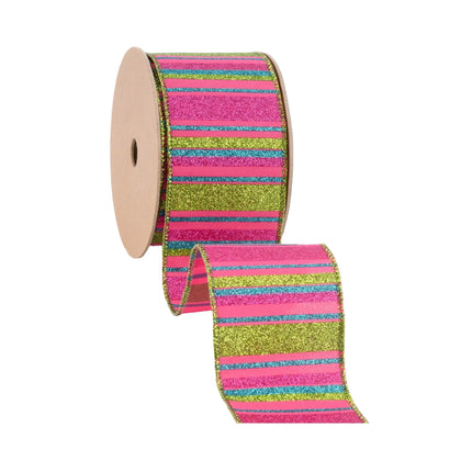 Vibrant 2 1/2" wired ribbon with multicolor glitter stripes, designed for DIY projects 