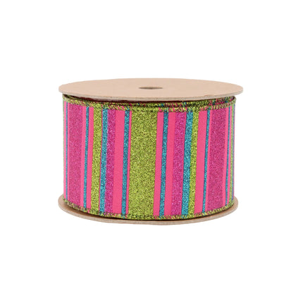 Sparkly 2 1/2" wired ribbon with pink, green, and turquoise stripes, perfect for upbeat celebrations and gifts.