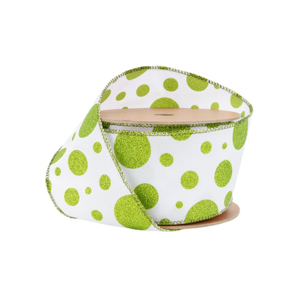 2 1/2" Wired Ribbon | Green Glittered Dots on White | 10 Yard Roll LaRibbons Wholesale