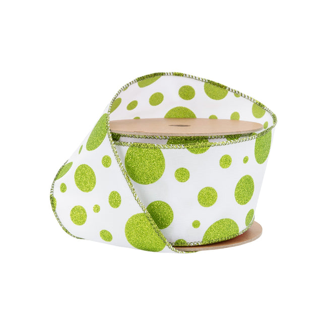2 1/2" Wired Ribbon | Green Glittered Dots on White | 10 Yard Roll LaRibbons Wholesale