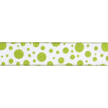 2 1/2" Wired Ribbon | Green Glittered Dots on White | 10 Yard Roll LaRibbons Wholesale