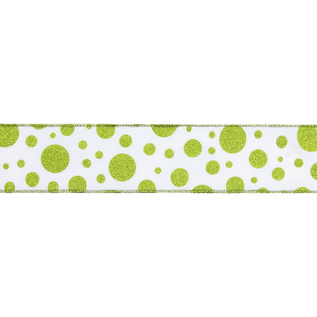 2 1/2" Wired Ribbon | Green Glittered Dots on White | 10 Yard Roll LaRibbons Wholesale