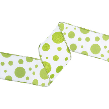 2 1/2" Wired Ribbon | Green Glittered Dots on White | 10 Yard Roll LaRibbons Wholesale