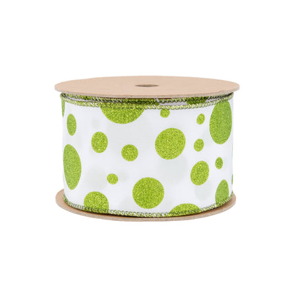 2 1/2" Wired Ribbon | Green Glittered Dots on White | 10 Yard Roll LaRibbons Wholesale