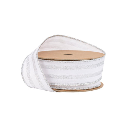 1 1/2" Wired Ribbon | Silver Glittered Pinstripes on White | 10 Yard Roll LaRibbons Wholesale