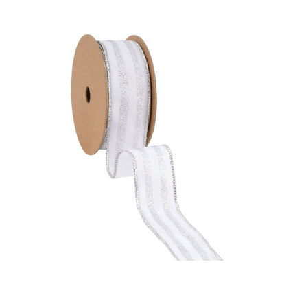 1 1/2" Wired Ribbon | Silver Glittered Pinstripes on White | 10 Yard Roll LaRibbons Wholesale