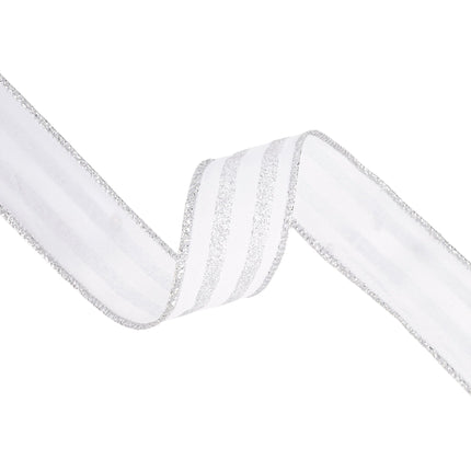 1 1/2" Wired Ribbon | Silver Glittered Pinstripes on White | 10 Yard Roll LaRibbons Wholesale