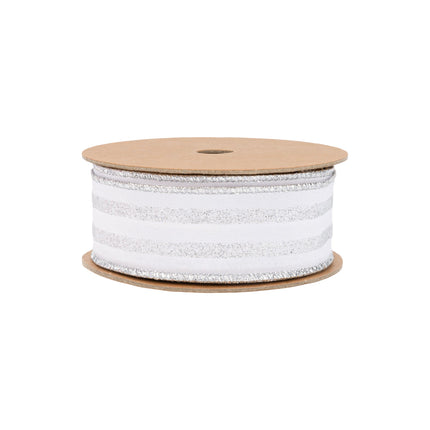 1 1/2" Wired Ribbon | Silver Glittered Pinstripes on White | 10 Yard Roll LaRibbons Wholesale