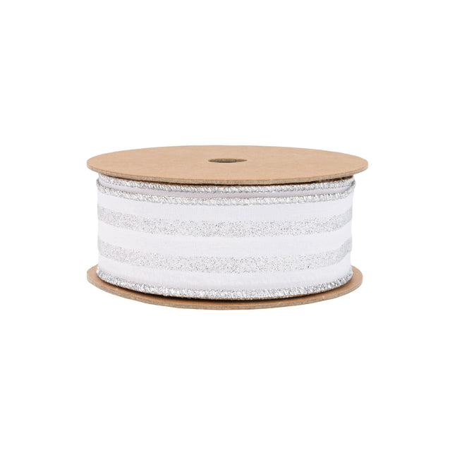 1 1/2" Wired Ribbon | Silver Glittered Pinstripes on White | 10 Yard Roll LaRibbons Wholesale