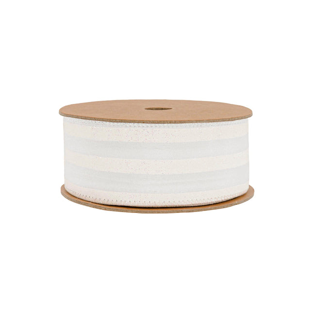 1 1/2" Wired Ribbon | White Glittered Pinstripes on White | 10 Yard Roll LaRibbons Wholesale