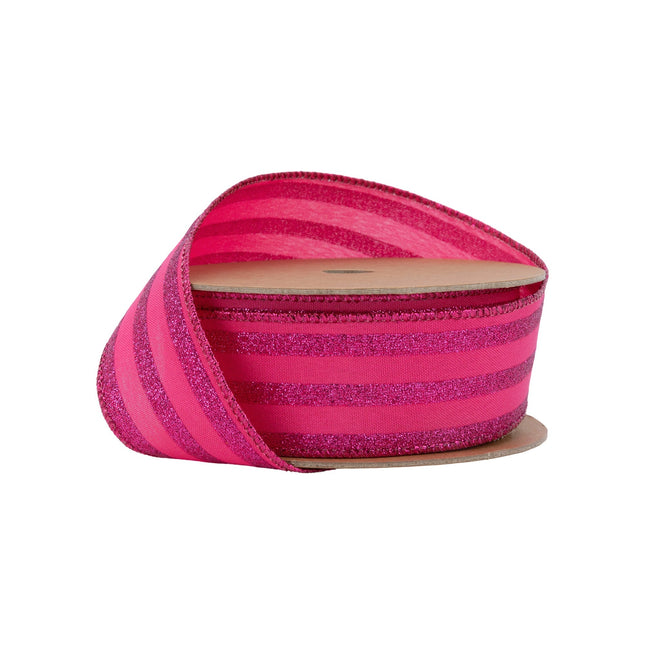 1 1/2" Wired Ribbon | Hot Pink Glittered Pinstripes on Hot Pink | 10 Yard Roll LaRibbons Wholesale