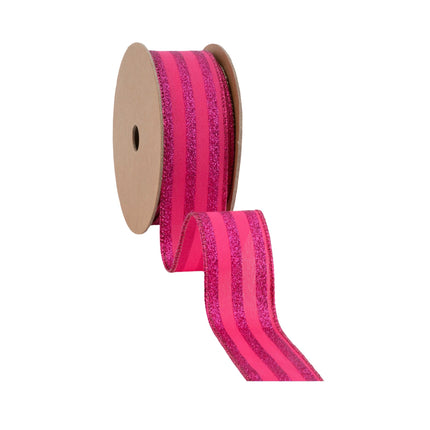 1 1/2" Wired Ribbon | Hot Pink Glittered Pinstripes on Hot Pink | 10 Yard Roll LaRibbons Wholesale